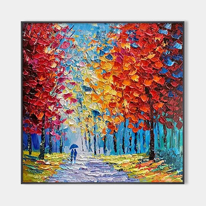 AUTUMN WALK: Textured Impasto Painting of a Couple Walking in an Autumn Forest | hanging in living room, impasto wall art