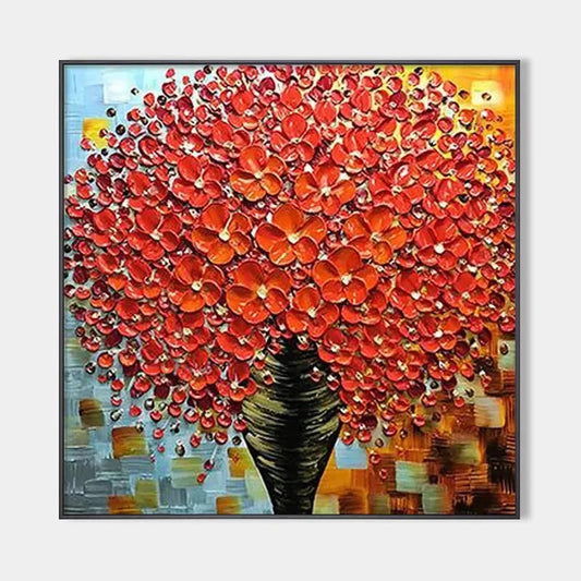 CRIMSON BOUQUET: Textured Impasto Floral Painting in Red | hanging in CRIMSON BOUQUET: Textured Impasto Floral Painting in Red featuring layered textured brushwork in refined tones; abstract compos...