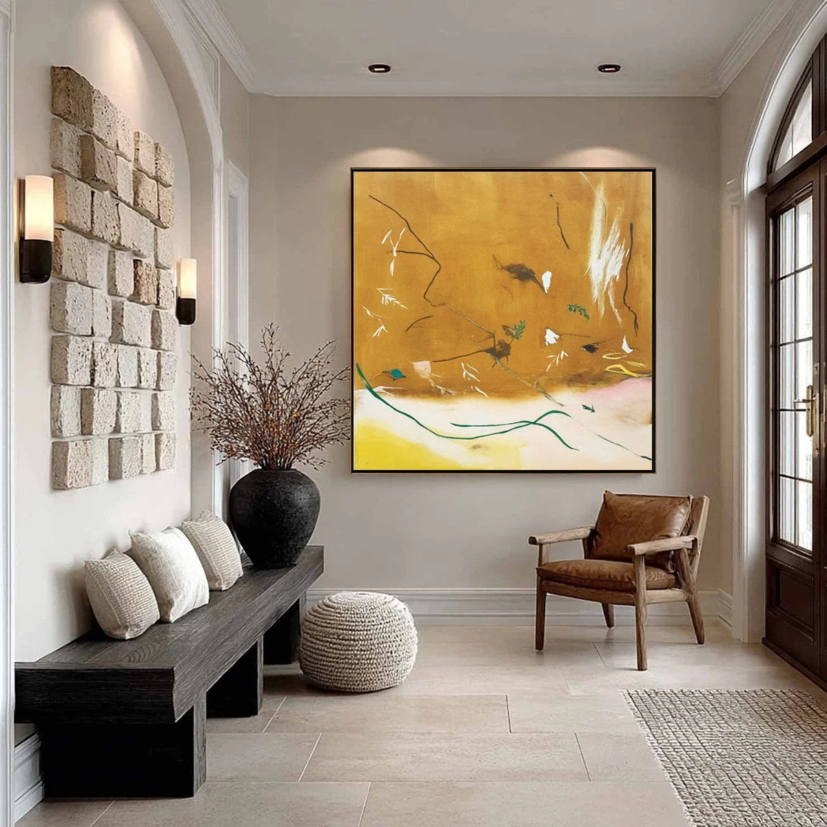 AUTUMN WHISPER: Earthy Abstract Painting for Modern Wabi Sabi Decor | gold frame stretched on neutral wall
