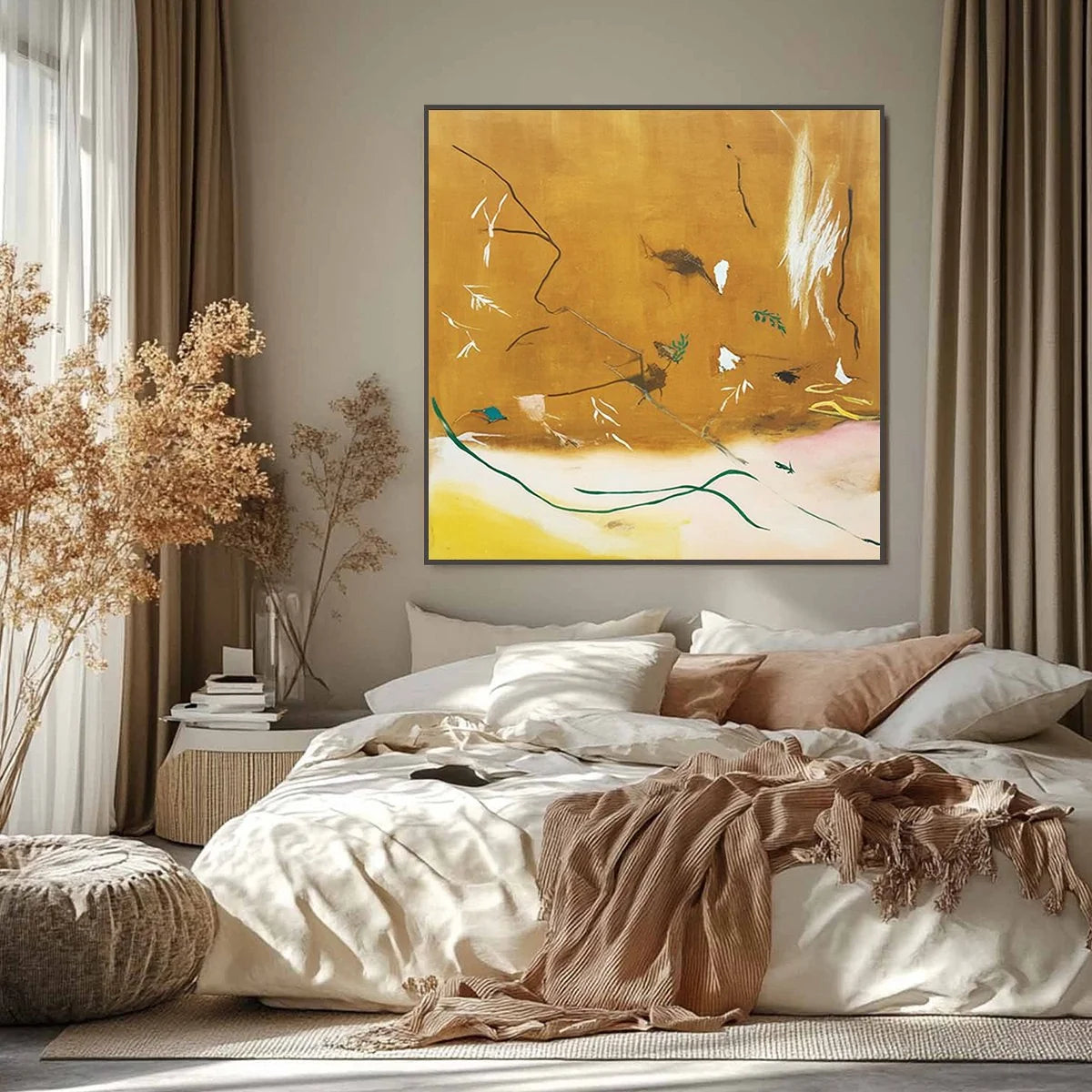 AUTUMN WHISPER: Earthy Abstract Painting for Modern Wabi Sabi Decor | black frame version on white wall