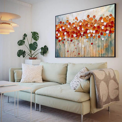 AUTUMN WHISPERS: Abstract Landscape Impasto Oil Painting | gold frame stretched on neutral wall