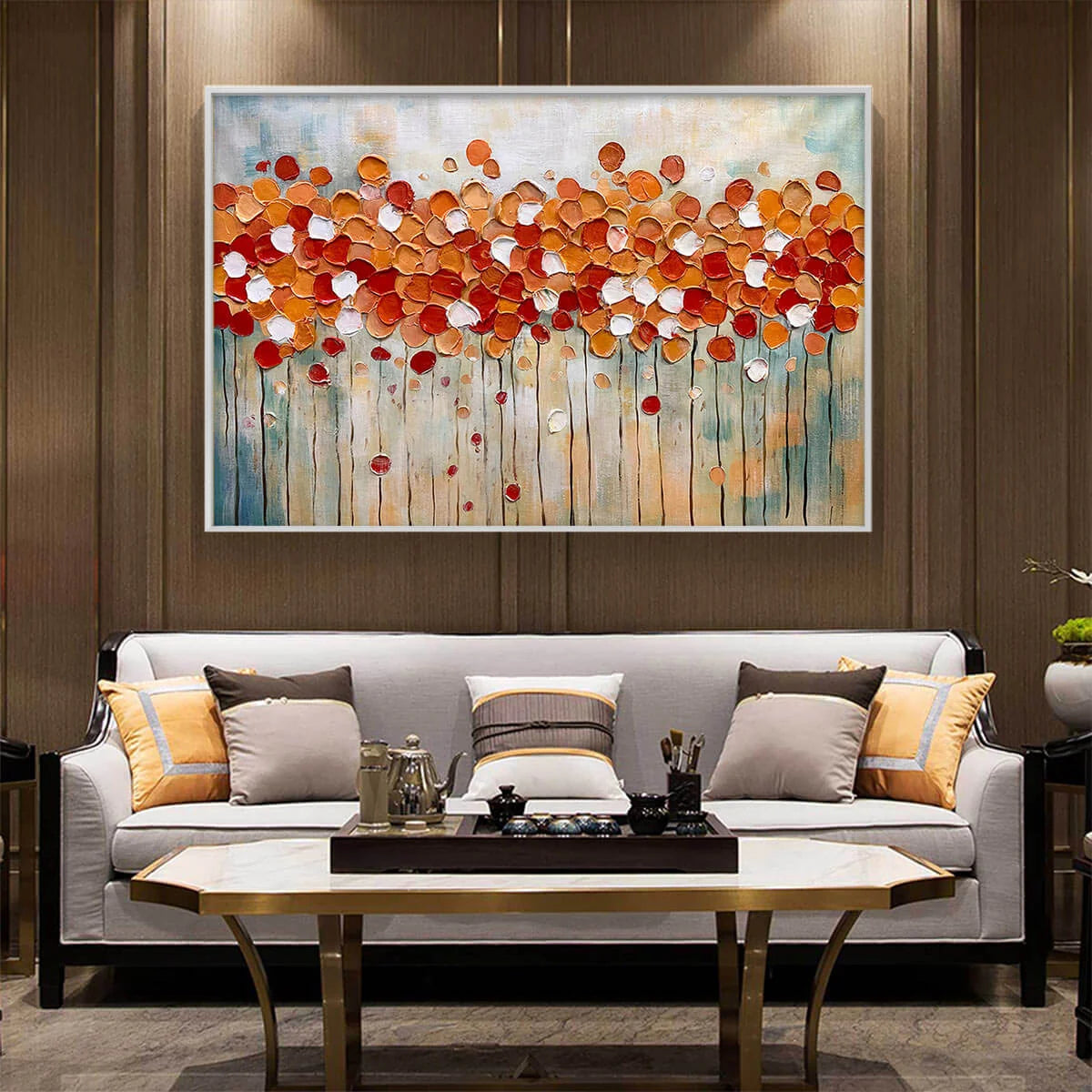AUTUMN WHISPERS: Abstract Landscape Impasto Oil Painting | black frame version on white wall