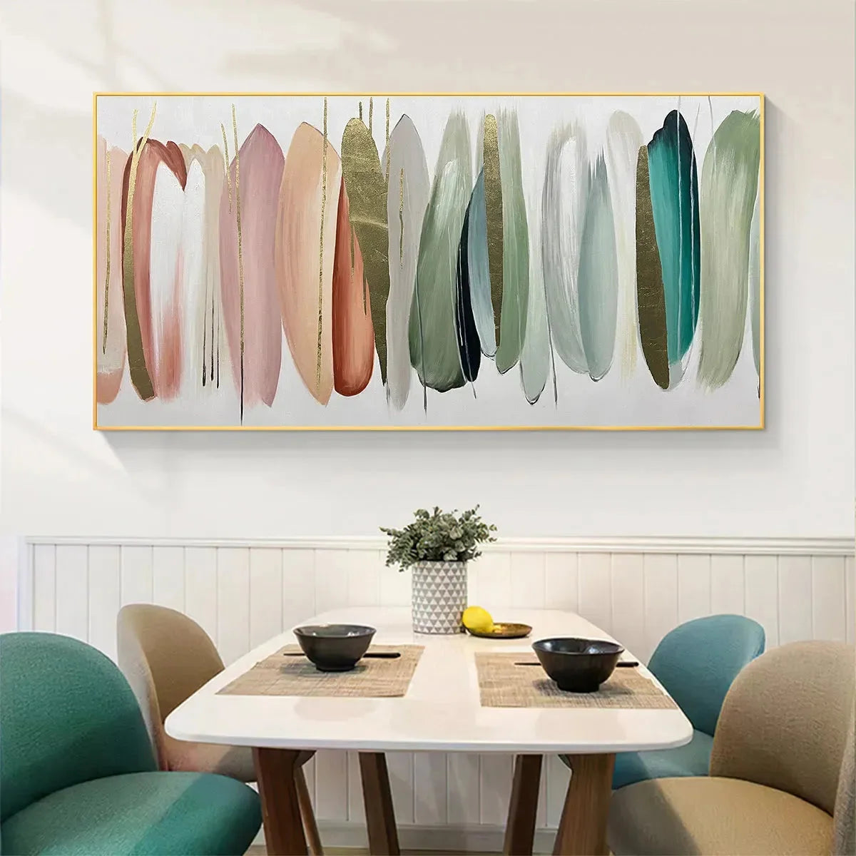 AUTUMN WHISPERS: Abstract Painting in Pink, Green, and Gold, Horizontal Canvas, Modern Wall Art | abstract closeup, raised brushwork detail