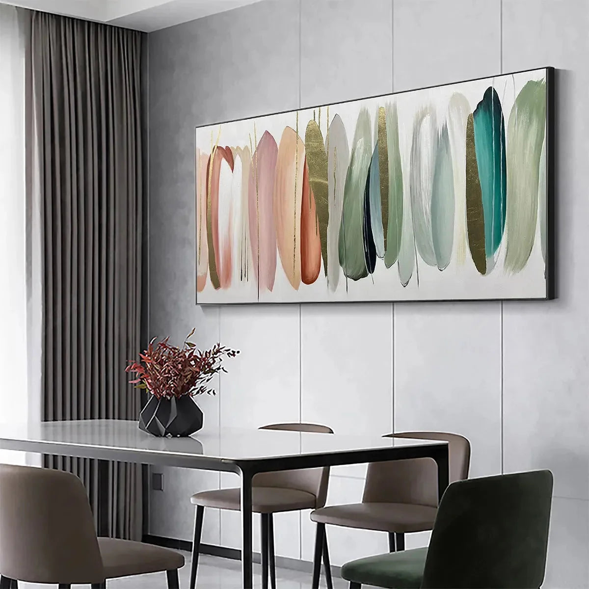 AUTUMN WHISPERS: Abstract Painting in Pink, Green, and Gold, Horizontal Canvas, Modern Wall Art | gold frame stretched on neutral wall