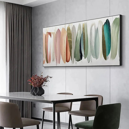 AUTUMN WHISPERS: Abstract Painting in Pink, Green, and Gold, Horizontal Canvas, Modern Wall Art | gold frame stretched on neutral wall