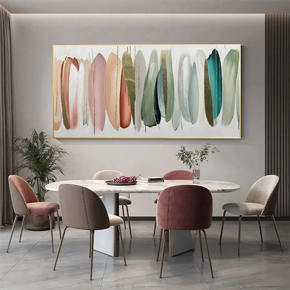 AUTUMN WHISPERS: Abstract Painting in Pink, Green, and Gold, Horizontal Canvas, Modern Wall Art | black frame version on white wall