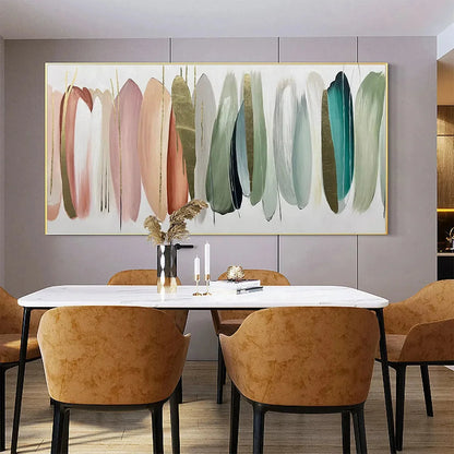 AUTUMN WHISPERS: Abstract Painting in Pink, Green, and Gold, Horizontal Canvas, Modern Wall Art | abstract mood, soft natural light studio shot