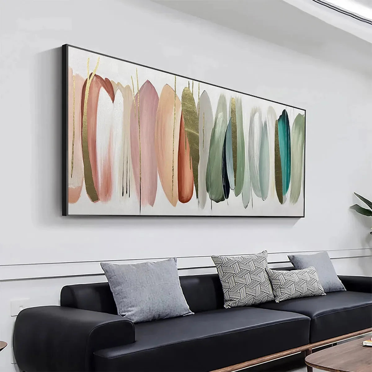 AUTUMN WHISPERS: Abstract Painting in Pink, Green, and Gold, Horizontal Canvas, Modern Wall Art | multi palette, original dining room art