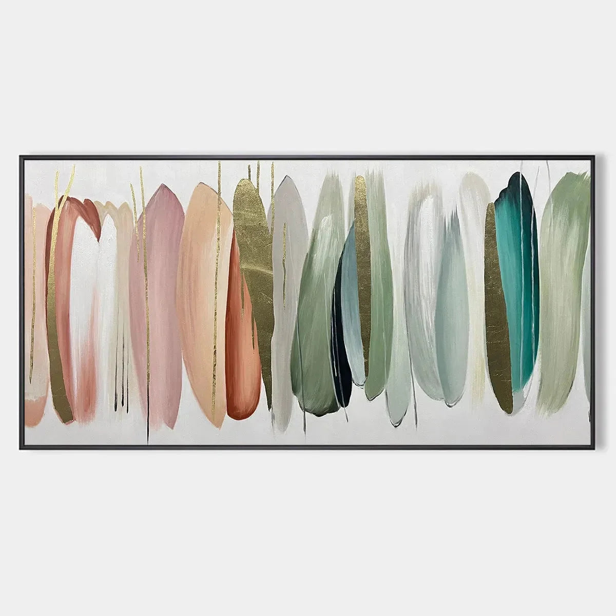 AUTUMN WHISPERS: Abstract Painting in Pink, Green, and Gold, Horizontal Canvas, Modern Wall Art | hanging in living room, abstract wall art