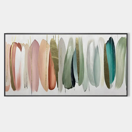 AUTUMN WHISPERS: Abstract Painting in Pink, Green, and Gold, Horizontal Canvas, Modern Wall Art | hanging in living room, abstract wall art