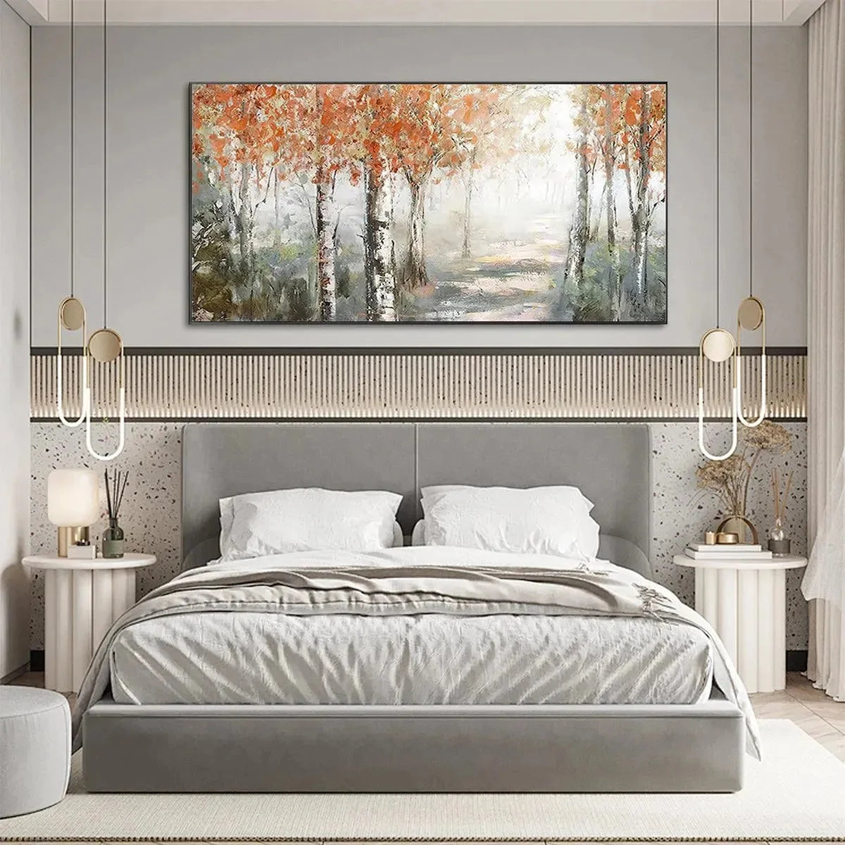 AUTUMN WHISPERS: Atmospheric Forest Landscape Painting, Horizontal Wall Art | textured closeup, raised brushwork detail