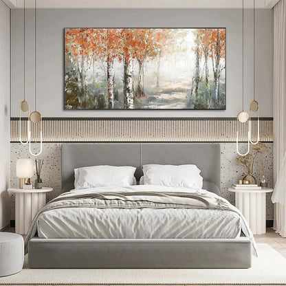 AUTUMN WHISPERS: Atmospheric Forest Landscape Painting, Horizontal Wall Art | textured closeup, raised brushwork detail