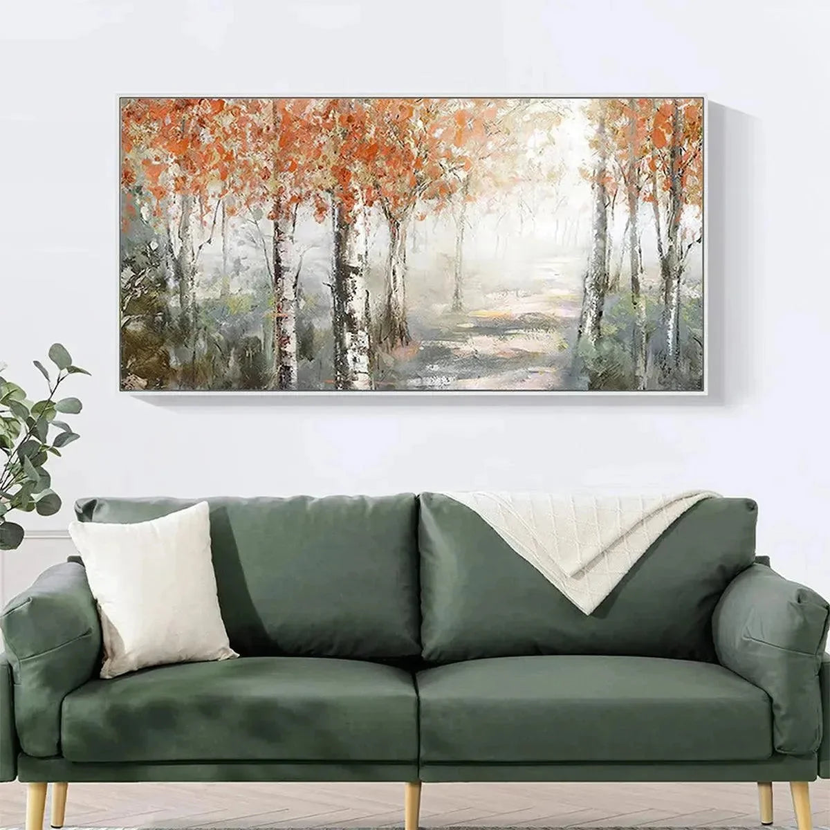AUTUMN WHISPERS: Atmospheric Forest Landscape Painting, Horizontal Wall Art | gold frame stretched on neutral wall