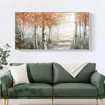 AUTUMN WHISPERS: Atmospheric Forest Landscape Painting, Horizontal Wall Art | gold frame stretched on neutral wall