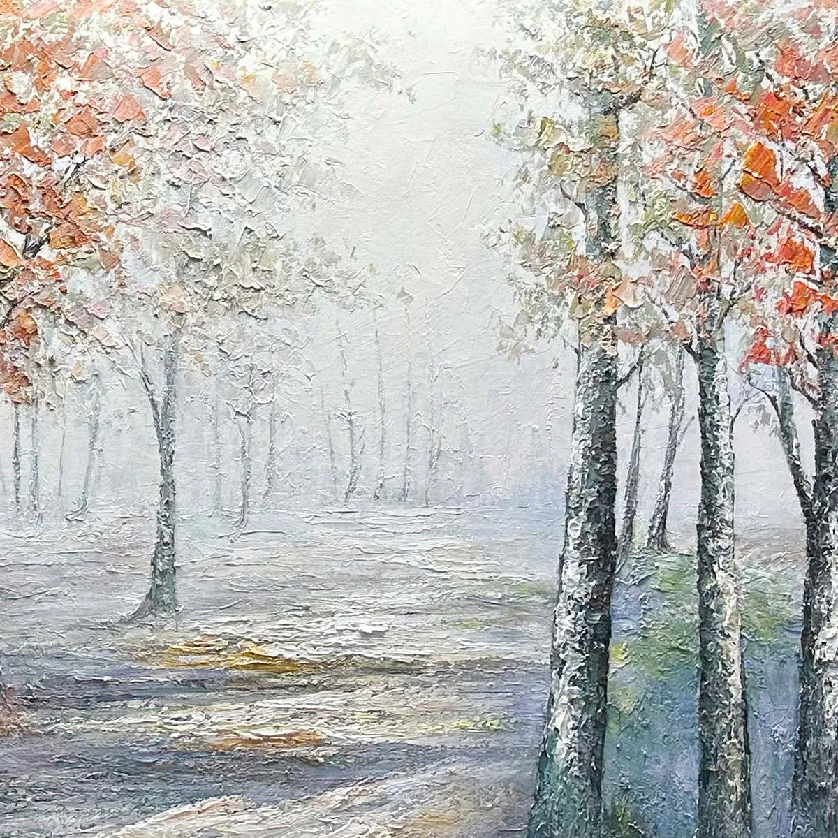AUTUMN WHISPERS: Atmospheric Forest Landscape Painting, Horizontal Wall Art | black frame version on white wall