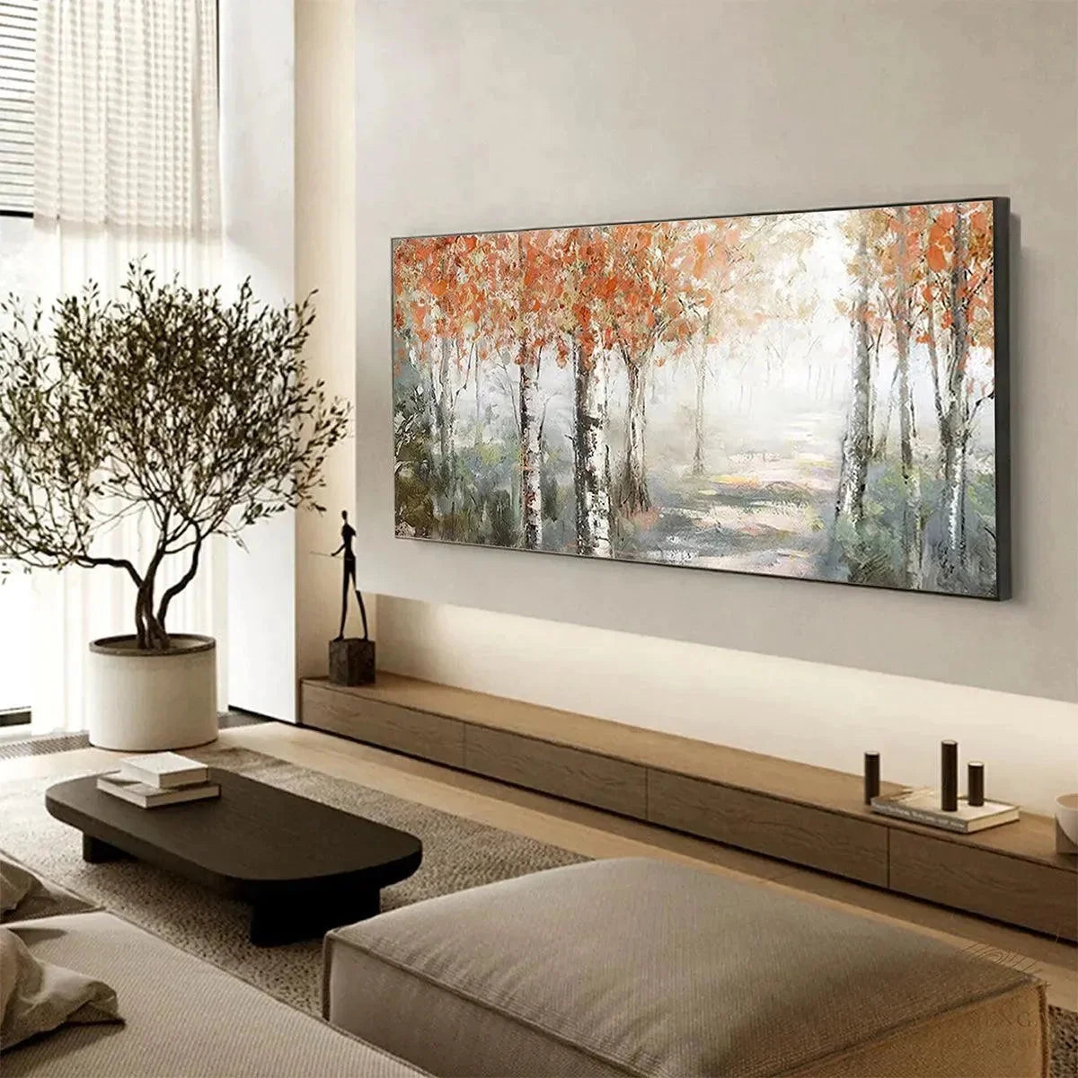 AUTUMN WHISPERS: Atmospheric Forest Landscape Painting, Horizontal Wall Art | textured mood, soft natural light studio shot