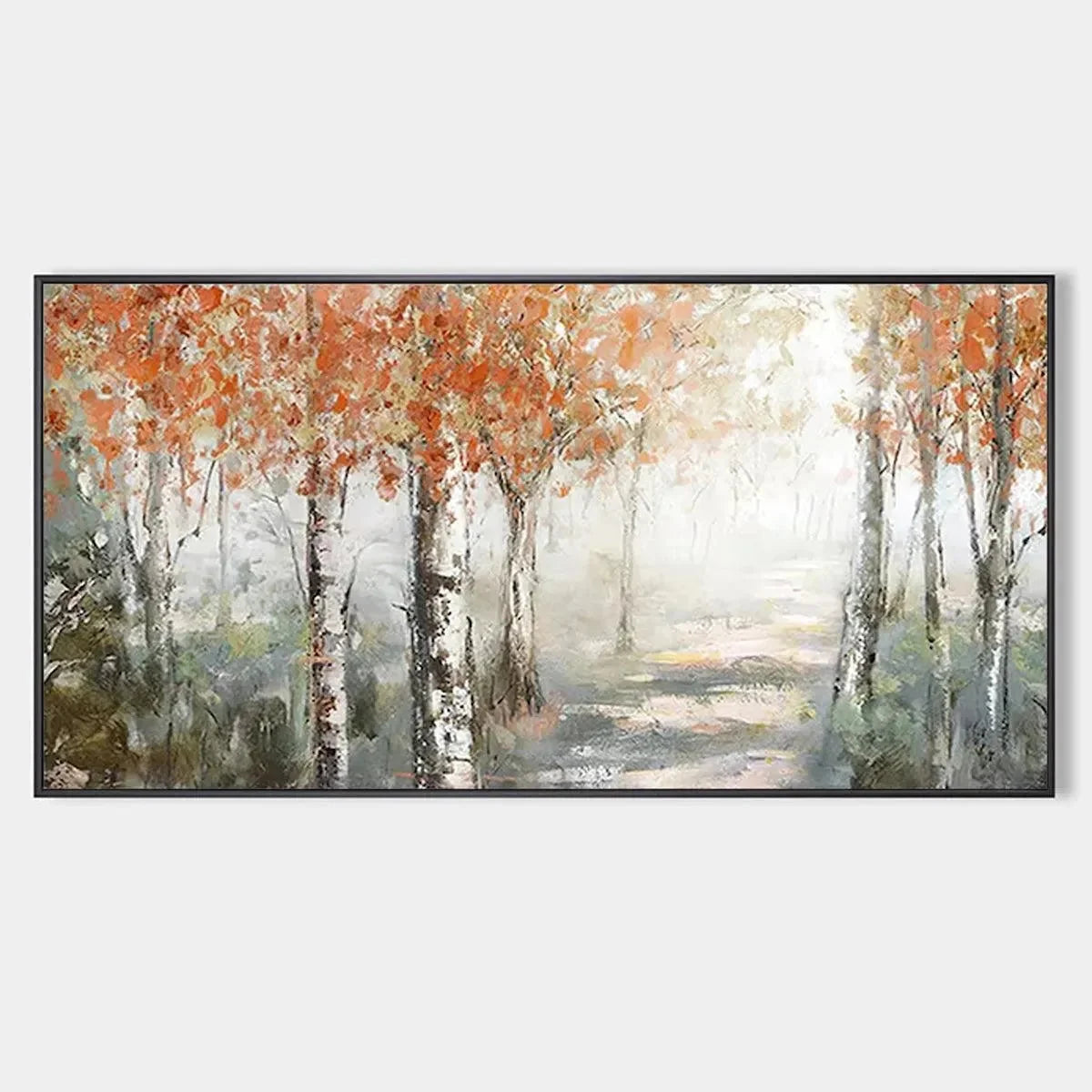 AUTUMN WHISPERS: Atmospheric Forest Landscape Painting, Horizontal Wall Art | hanging in living room, textured wall art