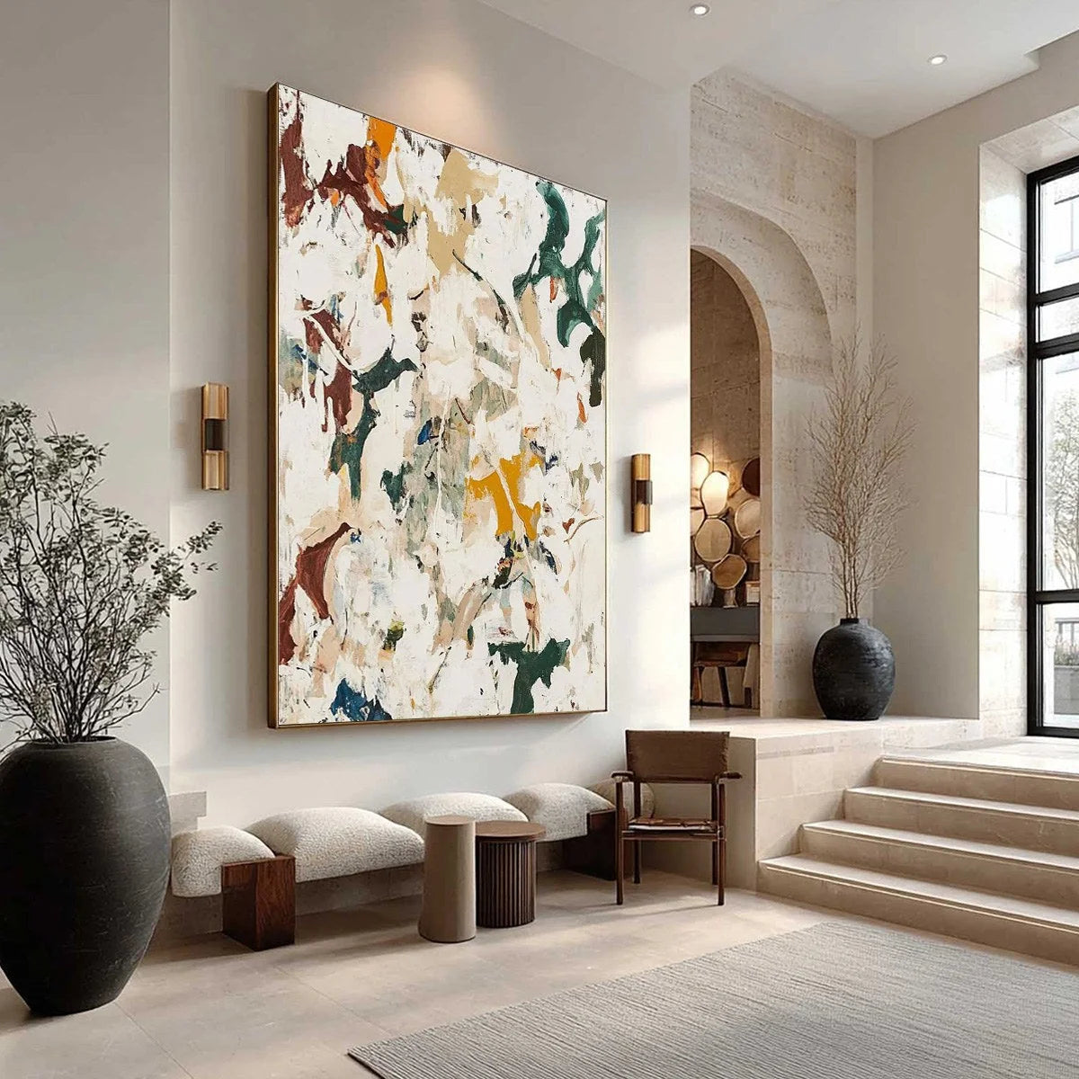 AUTUMN WHISPERS: Textured Abstract Impasto Oil Painting | gold frame stretched on neutral wall