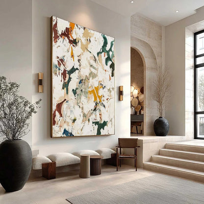 AUTUMN WHISPERS: Textured Abstract Impasto Oil Painting | gold frame stretched on neutral wall