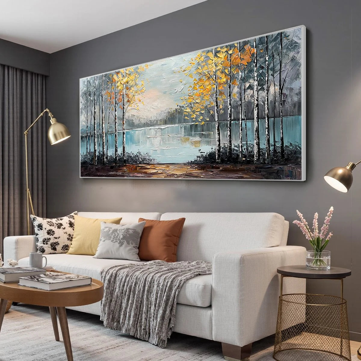 AUTUMN WHISPERS: Textured Impasto Landscape Oil Painting | gold frame stretched on neutral wall