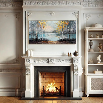 AUTUMN WHISPERS: Textured Impasto Landscape Oil Painting | black frame version on white wall
