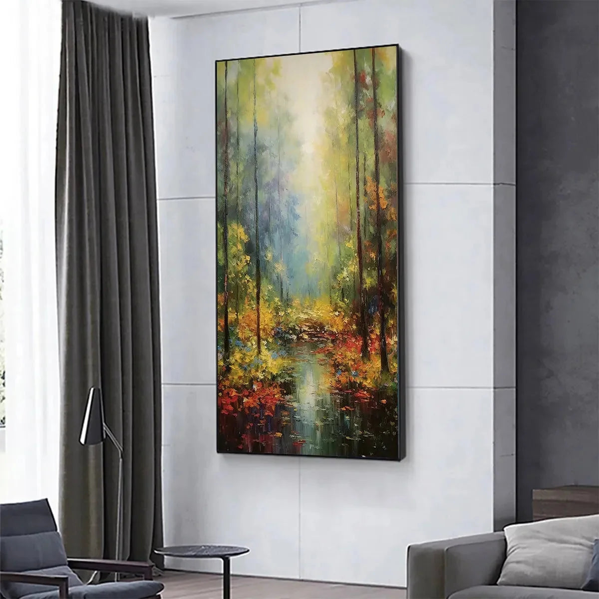 AUTUMN WOODLAND STREAM: Vertical Landscape Oil Painting, Forest Scene with Stream, Fall Colors, Nature Wall Art | gold frame stretched on neutral wall
