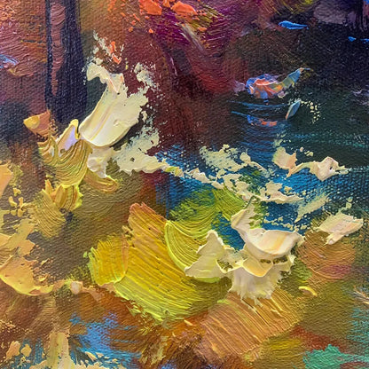 AUTUMN WOODLAND STREAM: Vertical Landscape Oil Painting, Forest Scene with Stream, Fall Colors, Nature Wall Art | black frame version on white wall
