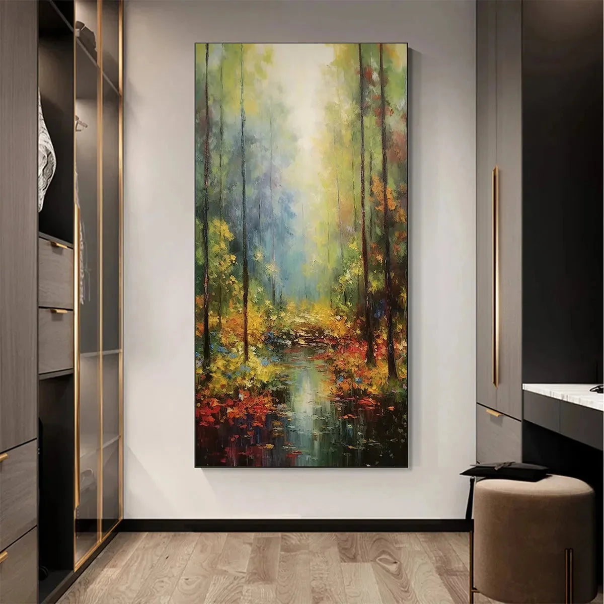 AUTUMN WOODLAND STREAM: Vertical Landscape Oil Painting, Forest Scene with Stream, Fall Colors, Nature Wall Art | green palette, original Hand-painted on premium stretched canvas using artist-grade...