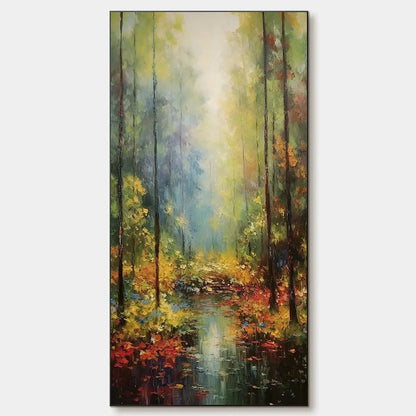 AUTUMN WOODLAND STREAM: Vertical Landscape Oil Painting, Forest Scene with Stream, Fall Colors, Nature Wall Art | hanging in AUTUMN WOODLAND STREAM: Vertical Landscape Oil Painting, Forest Scene wi...