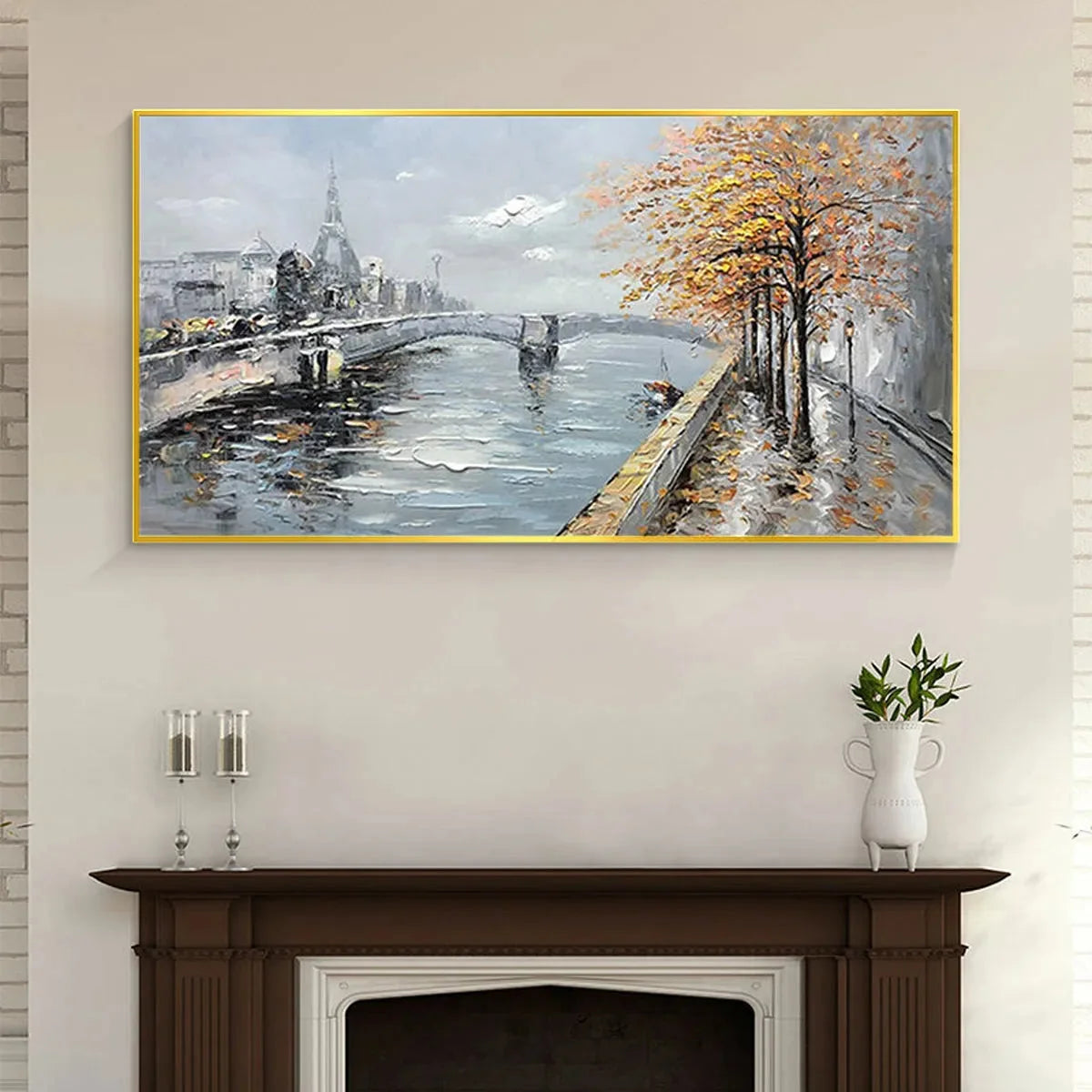 AUTUMNAL RIVER WALK: Panoramic Cityscape Oil Painting with River and Trees | Abstract closeup, raised brushwork detail