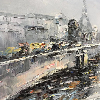 AUTUMNAL RIVER WALK: Panoramic Cityscape Oil Painting with River and Trees | rectangular format, hand-painted canvas edge