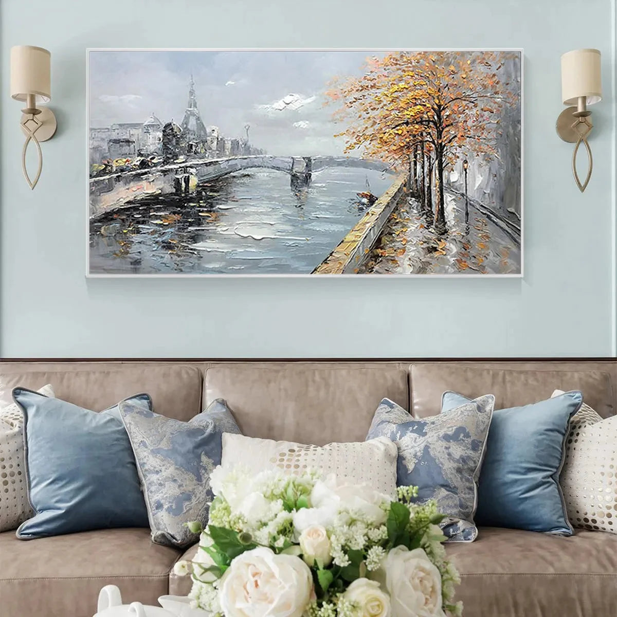 AUTUMNAL RIVER WALK: Panoramic Cityscape Oil Painting with River and Trees | gold frame stretched on neutral wall