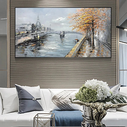 AUTUMNAL RIVER WALK: Panoramic Cityscape Oil Painting with River and Trees | rolled canvas, ready for custom framing
