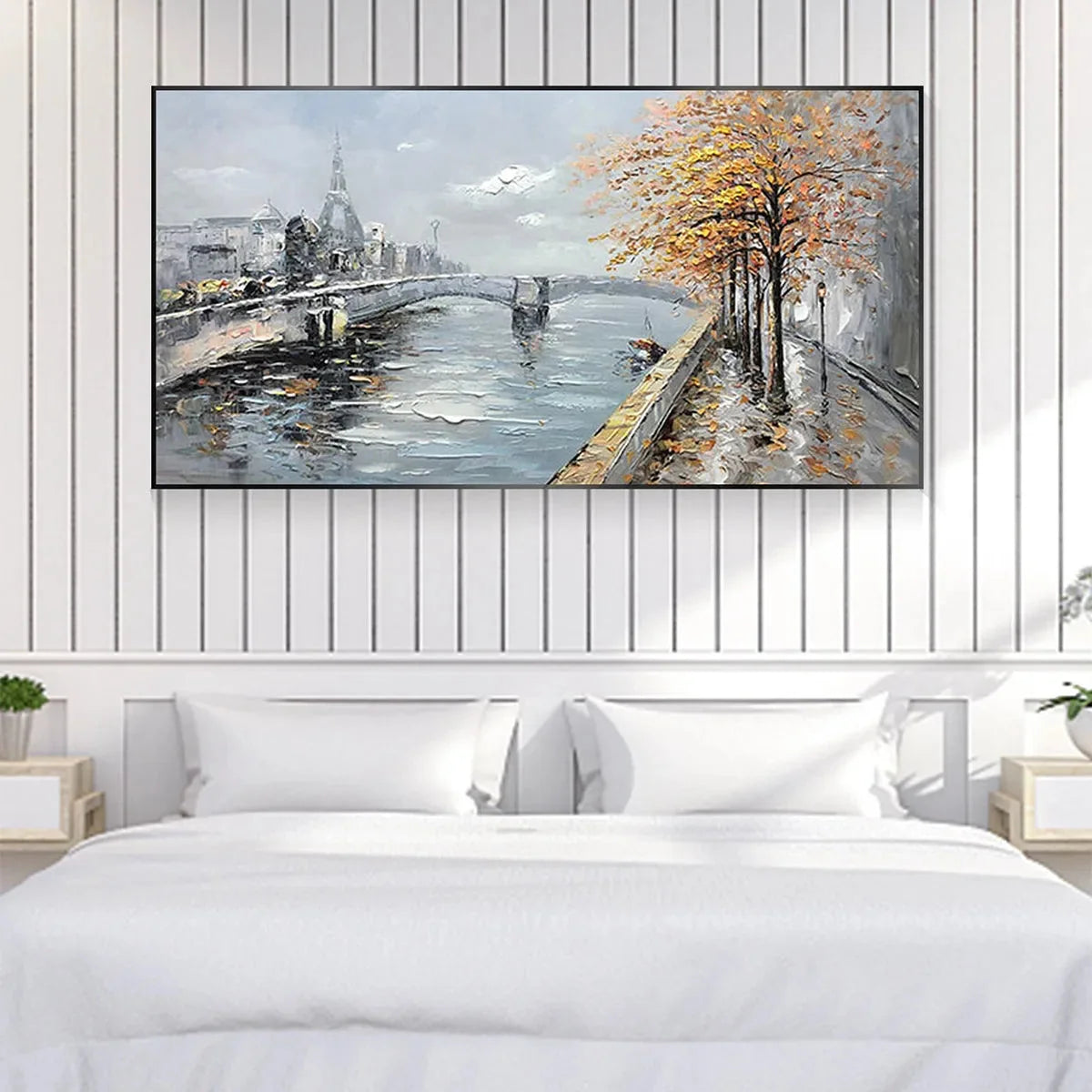 AUTUMNAL RIVER WALK: Panoramic Cityscape Oil Painting with River and Trees | black frame version on white wall