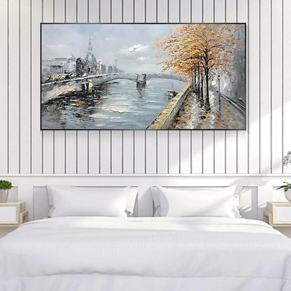AUTUMNAL RIVER WALK: Panoramic Cityscape Oil Painting with River and Trees | black frame version on white wall