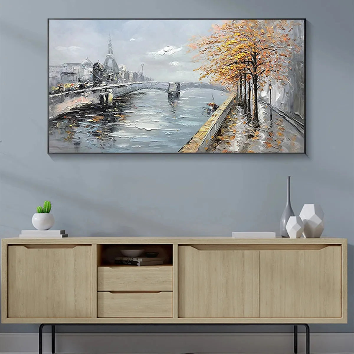 AUTUMNAL RIVER WALK: Panoramic Cityscape Oil Painting with River and Trees | Abstract mood, soft natural light studio shot