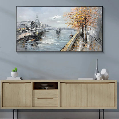 AUTUMNAL RIVER WALK: Panoramic Cityscape Oil Painting with River and Trees | Abstract mood, soft natural light studio shot