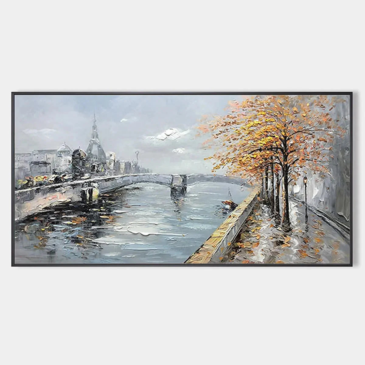AUTUMNAL RIVER WALK: Panoramic Cityscape Oil Painting with River and Trees | hanging in AUTUMNAL RIVER WALK: Panoramic Cityscape Oil Painting with River and Trees featuring layered textured brushwo...