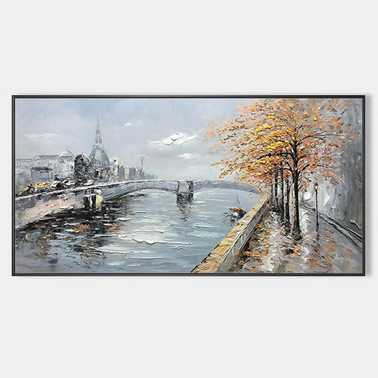 AUTUMNAL RIVER WALK: Panoramic Cityscape Oil Painting with River and Trees | hanging in AUTUMNAL RIVER WALK: Panoramic Cityscape Oil Painting with River and Trees featuring layered textured brushwo...