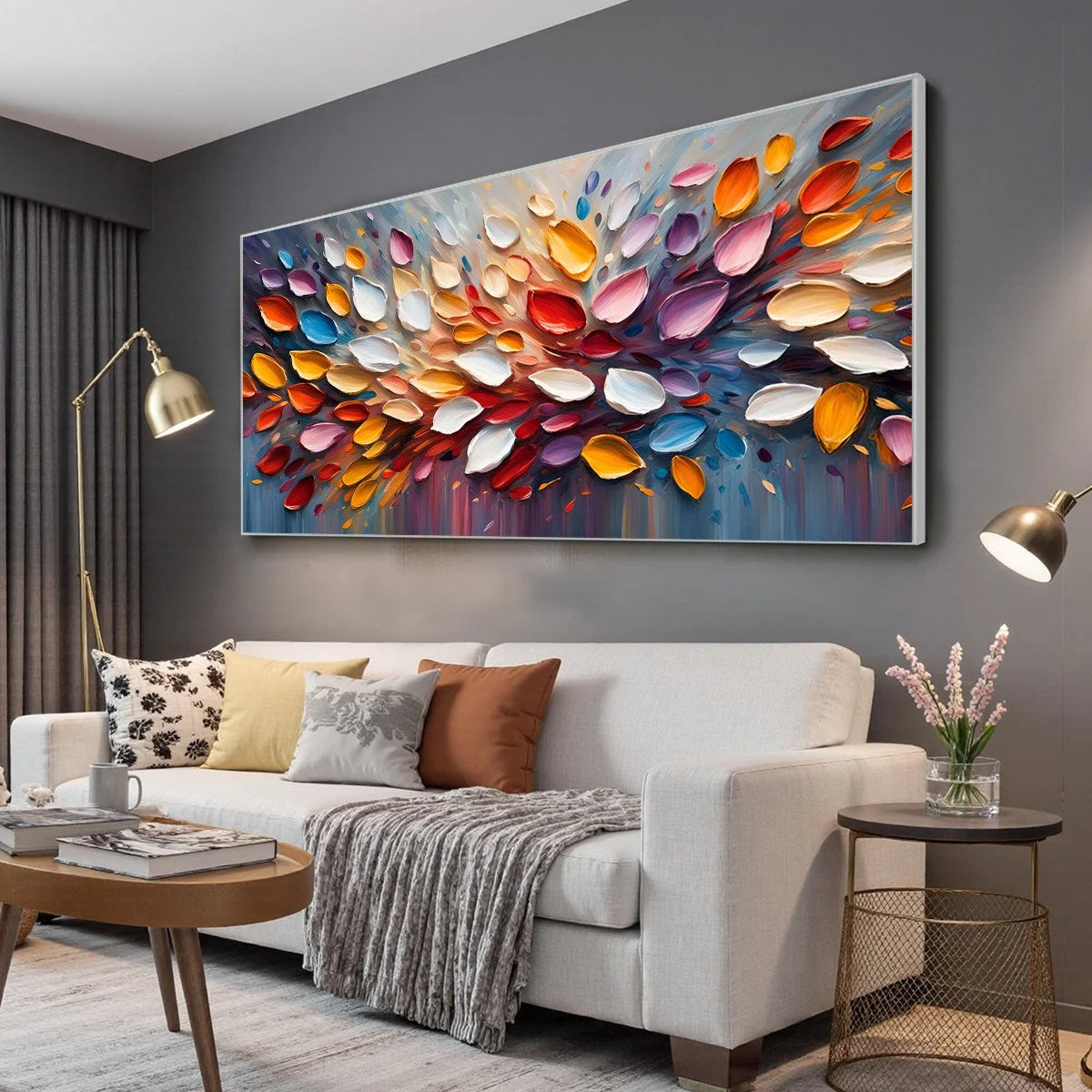 AUTUMN'S BURST: Textured Abstract Leaf Oil Painting | gold frame stretched on neutral wall