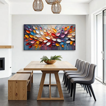 AUTUMN'S BURST: Textured Abstract Leaf Oil Painting | black frame version on white wall