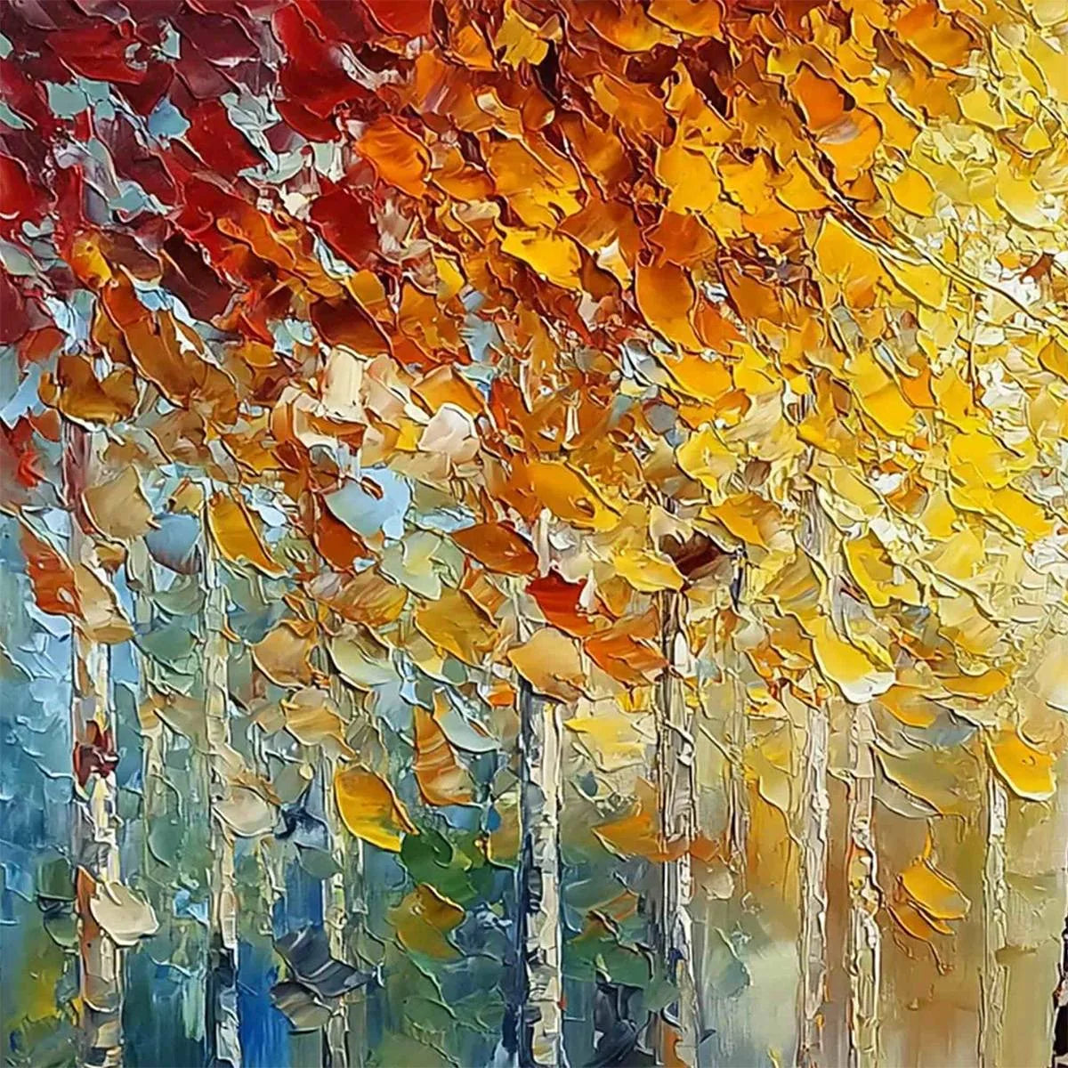 AUTUMN'S EMBRACE: Textured Palette Knife Autumn Forest Oil Painting | rectangular format, hand-painted canvas edge