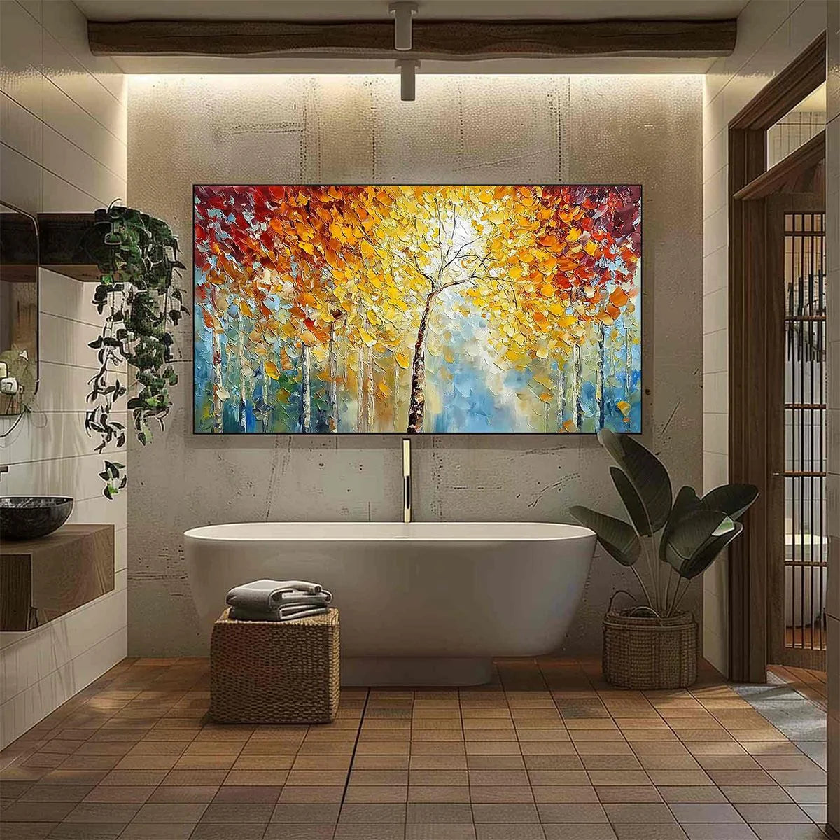 AUTUMN'S EMBRACE: Textured Palette Knife Autumn Forest Oil Painting | gold frame stretched on neutral wall