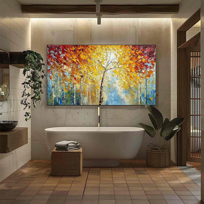 AUTUMN'S EMBRACE: Textured Palette Knife Autumn Forest Oil Painting | gold frame stretched on neutral wall