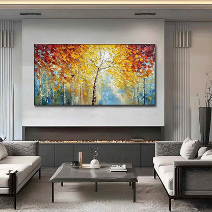 AUTUMN'S EMBRACE: Textured Palette Knife Autumn Forest Oil Painting | black frame version on white wall