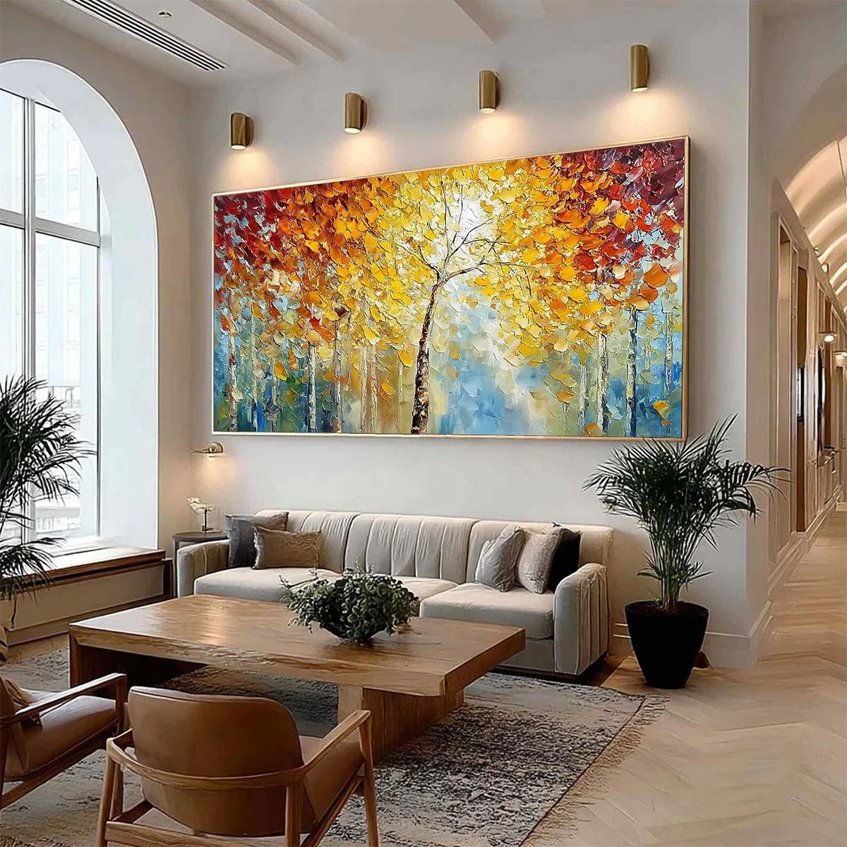 AUTUMN'S EMBRACE: Textured Palette Knife Autumn Forest Oil Painting | Abstract mood, soft natural light studio shot