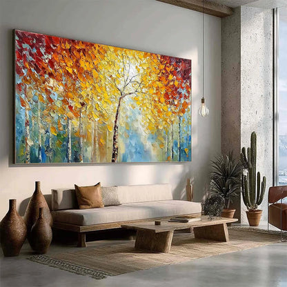 AUTUMN'S EMBRACE: Textured Palette Knife Autumn Forest Oil Painting | green palette, original Hand-painted on premium stretched canvas using artist-grade oils; rich layered surface combines smooth ...