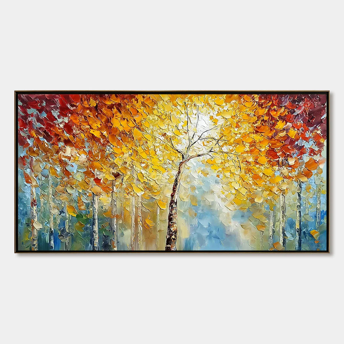 AUTUMN'S EMBRACE: Textured Palette Knife Autumn Forest Oil Painting | hanging in AUTUMN'S EMBRACE: Textured Palette Knife Autumn Forest Oil Painting featuring layered textured brushwork in refined ...