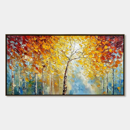 AUTUMN'S EMBRACE: Textured Palette Knife Autumn Forest Oil Painting | hanging in AUTUMN'S EMBRACE: Textured Palette Knife Autumn Forest Oil Painting featuring layered textured brushwork in refined ...