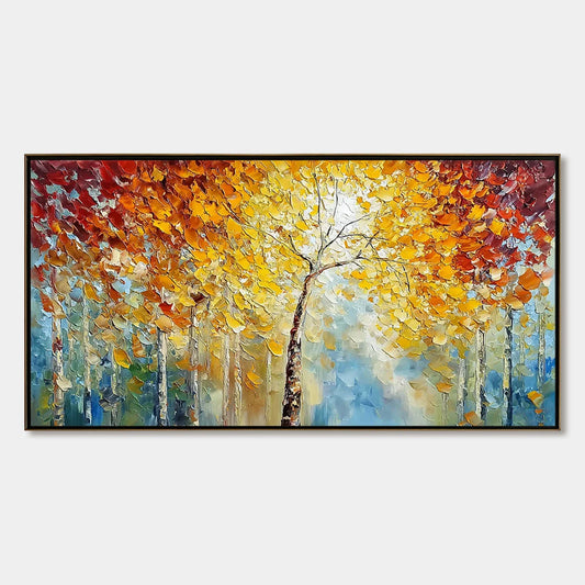 AUTUMN'S EMBRACE: Textured Palette Knife Autumn Forest Oil Painting | hanging in AUTUMN'S EMBRACE: Textured Palette Knife Autumn Forest Oil Painting featuring layered textured brushwork in refined ...
